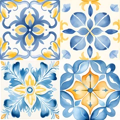 Tapeten Watercolor yellow and blue Spanish seamless tiles. Lisbon pattern, tile collection. Portuguese ornamental background © Берилло Евгения