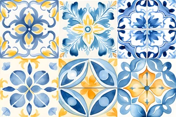 Behang Portugese tegeltjes Watercolor yellow and blue Spanish seamless tiles. Lisbon pattern, tile collection. Portuguese ornamental background