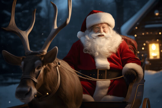 Santa Claus o Papa Noel montado en su trineo para repartir regalos