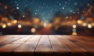 wooden table with blurry night background, ai generative - obrazy, fototapety, plakaty