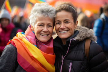 Two young multinational lesbian girls with rainbow flag at lgbt demonstration