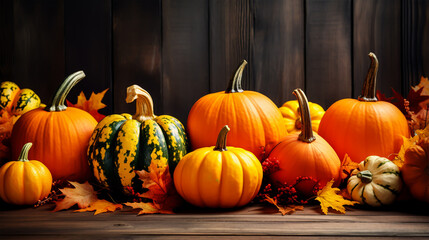 thankgiving and halloween pumpkins on a dark wood background