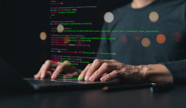 Software developer or programmer coding program with laptop. Create Intelligence innovation. Computer programming, development software engineer and architecture, digital data technology management