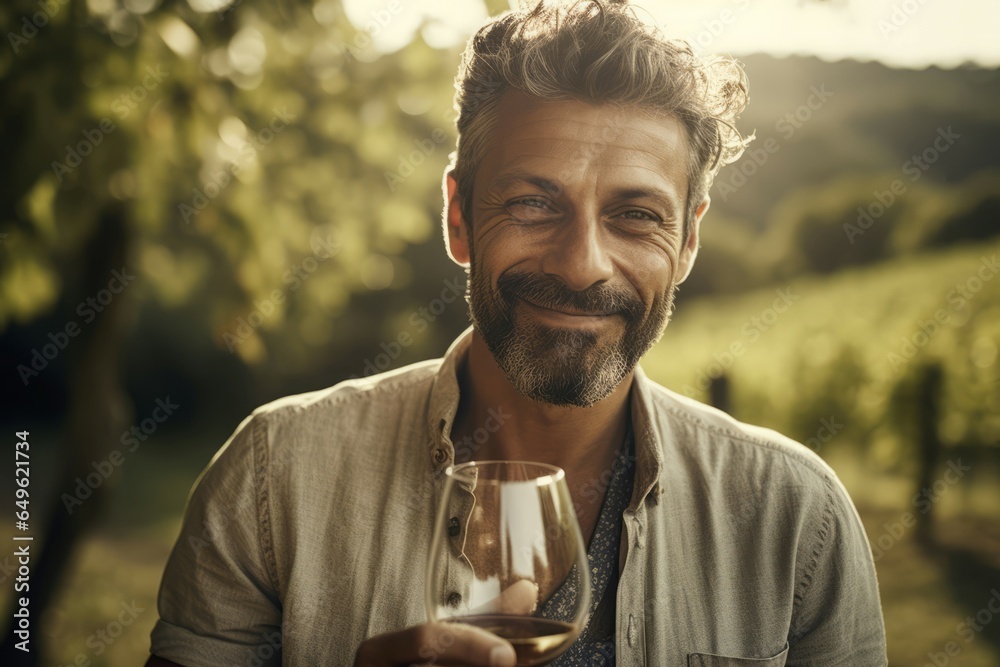 Wall mural italian man smiling wine field. generate ai