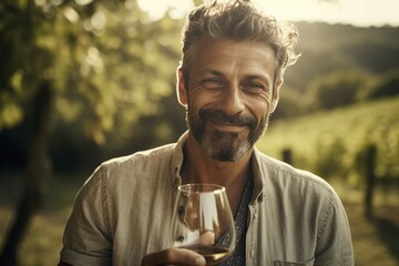 Italian man smiling wine field. Generate Ai