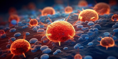 Human peripheral blood mononuclear cells (PBMC) cells under a microscope background image illustration - obrazy, fototapety, plakaty