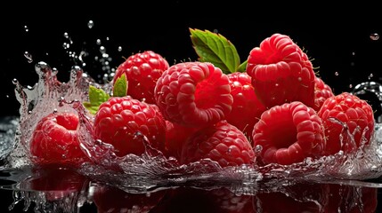 fresh red raspberries splashed with water on black and blurred background