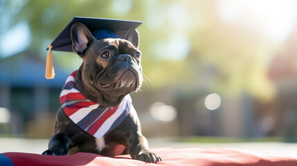 French bulldog dog wearing university graduation cap and flag of France outdoors at nature. French high education or language school concept. Copy space  