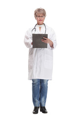 Front view of female doctor wearing stethoscope and glasses looking at an x-ray