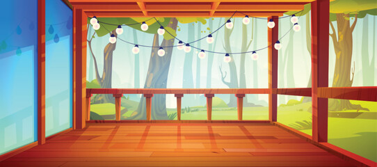 Forest home porch country vector illustration. Cottage terrace in summer with tree view, garland and nature environment. Rural wooden cabin veranda in hotel with fence in beautiful sunny day location