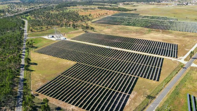 Aerial circular view of a big photovoltaic cells, Salvaterra de Magos,Portugal.