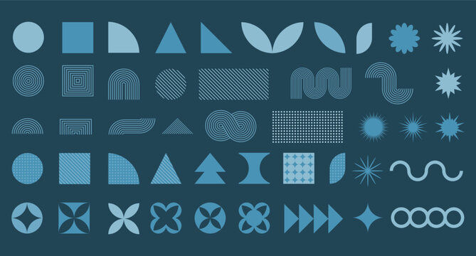 Set with geometric shapes in minimal style, abstract bauhaus forms and brutalism shapes, vector