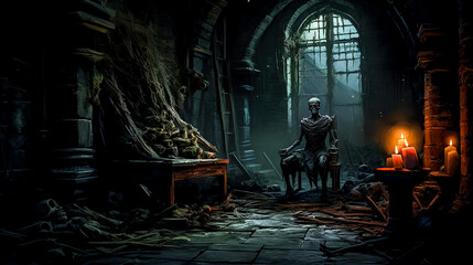 art zombie, skeleton sitting on a chair in an old castle cellar