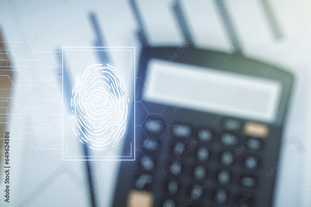 Poster abstract virtual fingerprint hologram on calculator background. multiexposure