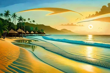 Photo sur Plexiglas Plage blanche de Boracay Illustration, reminiscent of Henri Rousseau, traditional paraw sailing boats on Boracay's white beach, vibrant tropical colors, relaxed expressions, dappled sunlight, idyllic atmosphere