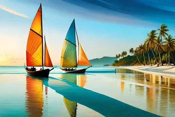 Photo sur Plexiglas Plage blanche de Boracay Illustration, reminiscent of Henri Rousseau, traditional paraw sailing boats on Boracay's white beach, vibrant tropical colors, relaxed expressions, dappled sunlight, idyllic atmosphere