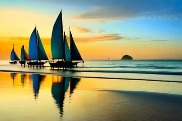 Illustration, reminiscent of Henri Rousseau, traditional paraw sailing boats on Boracay's white beach, vibrant tropical colors, relaxed expressions, dappled sunlight, idyllic atmosphere
