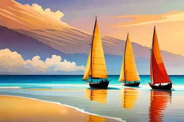 Papier Peint photo Plage blanche de Boracay Illustration, reminiscent of Henri Rousseau, traditional paraw sailing boats on Boracay's white beach, vibrant tropical colors, relaxed expressions, dappled sunlight, idyllic atmosphere