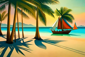 Stickers meubles Plage blanche de Boracay Illustration, reminiscent of Henri Rousseau, traditional paraw sailing boats on Boracay's white beach, vibrant tropical colors, relaxed expressions, dappled sunlight, idyllic atmosphere