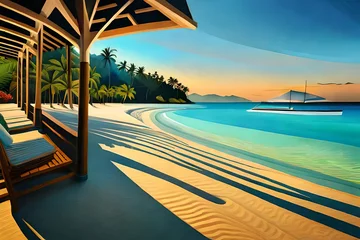 Washable wall murals Boracay White Beach Illustration, reminiscent of Henri Rousseau, traditional paraw sailing boats on Boracay's white beach, vibrant tropical colors, relaxed expressions, dappled sunlight, idyllic atmosphere