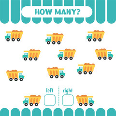 Fototapeta premium Worksheet for kids to learn left and right. Count game. .How many dump cars go to the left and to the right. Counting game for kids..