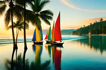 Fototapete Boracay Weißer Strand Illustration, reminiscent of Henri Rousseau, traditional paraw sailing boats on Boracay's white beach, vibrant tropical colors, relaxed expressions, dappled sunlight, idyllic atmosphere