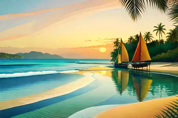Keuken foto achterwand Boracay Wit Strand Illustration, reminiscent of Henri Rousseau, traditional paraw sailing boats on Boracay's white beach, vibrant tropical colors, relaxed expressions, dappled sunlight, idyllic atmosphere