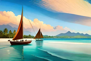 Stickers meubles Plage blanche de Boracay Illustration, reminiscent of Henri Rousseau, traditional paraw sailing boats on Boracay's white beach, vibrant tropical colors, relaxed expressions, dappled sunlight, idyllic atmosphere