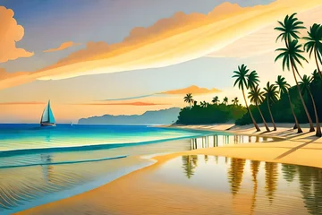 Wall murals Boracay White Beach Illustration, reminiscent of Henri Rousseau, traditional paraw sailing boats on Boracay's white beach, vibrant tropical colors, relaxed expressions, dappled sunlight, idyllic atmosphere