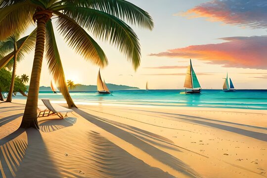 Illustration, reminiscent of Henri Rousseau, traditional paraw sailing boats on Boracay's white beach, vibrant tropical colors, relaxed expressions, dappled sunlight, idyllic atmosphere