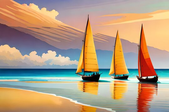 Illustration, reminiscent of Henri Rousseau, traditional paraw sailing boats on Boracay's white beach, vibrant tropical colors, relaxed expressions, dappled sunlight, idyllic atmosphere