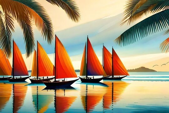 Illustration, reminiscent of Henri Rousseau, traditional paraw sailing boats on Boracay's white beach, vibrant tropical colors, relaxed expressions, dappled sunlight, idyllic atmosphere