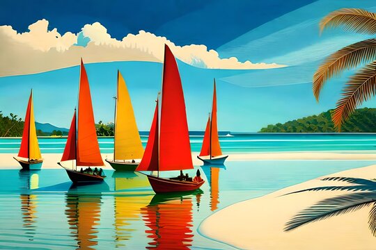 Illustration, reminiscent of Henri Rousseau, traditional paraw sailing boats on Boracay's white beach, vibrant tropical colors, relaxed expressions, dappled sunlight, idyllic atmosphere