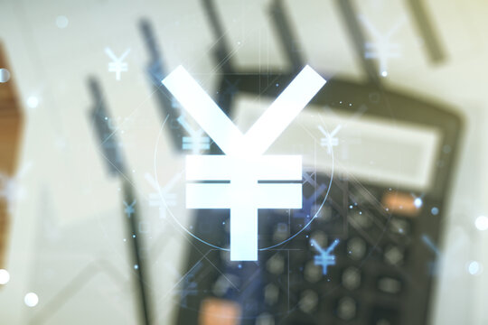 Double exposure of abstract virtual Japanese Yen symbol hologram on blurry calculator background. Banking and investing concept - Powered by Adobe