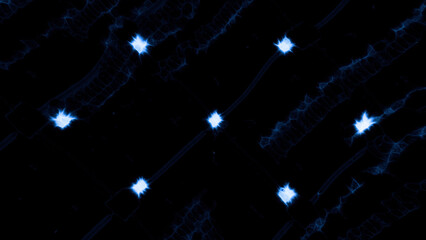 Black background with illuminated lights. Motion. Small burning stars in animation that slowly rotate.