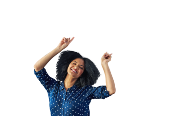 Happy woman, portrait and pointing in advertising or marketing isolated on a transparent PNG background. Female person or ambassador smile showing notification, sale discount or deal in advertisement