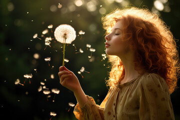 Little girl blowing dandelion - Powered by Adobe