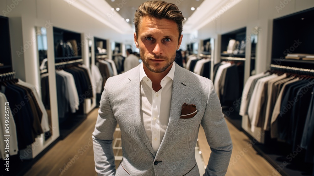 Canvas Prints A man in a classic suit stands in the fitting room of a luxury men's boutique.