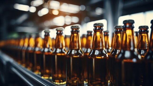 Brown Beer Glass Drinking Alcohol Bottle, Beer Conveyor Belt, Modern Production Line