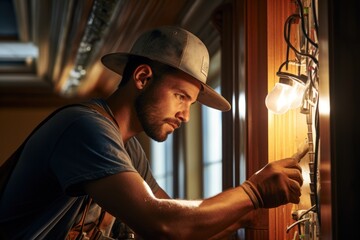 An electrician is repairing the lights in a newly renovated apartment. Structure - obrazy, fototapety, plakaty