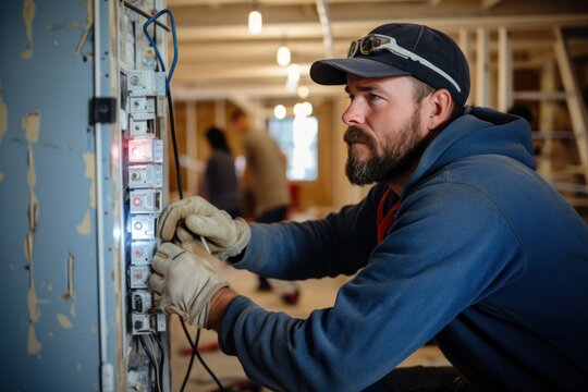 An electrician is repairing the lights in a newly renovated apartment. Structure