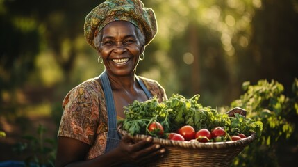 A happy Afro-harvest female farmer holds a basket with freshly picked vegetables and smiles. - obrazy, fototapety, plakaty