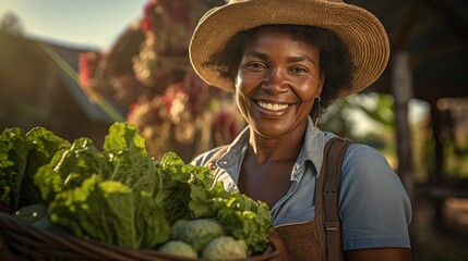 A happy Afro-harvest female farmer holds a basket with freshly picked vegetables and smiles.