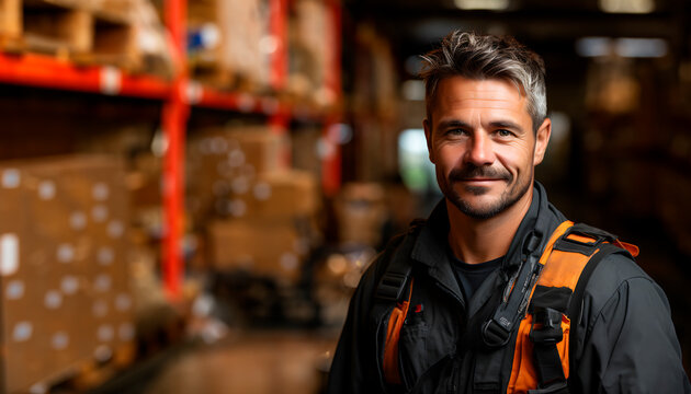 Portrait of a handsome worker in an orange uniform. Industry concept