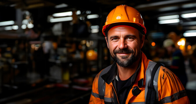 Portrait of a handsome worker in an orange uniform. Industry concept