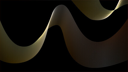 flowing abstract vector wavy lines flowing smooth curve gold gradient color on black background in concept of luxury, technology, science, music, modern.