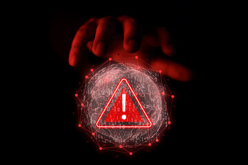 Hand touching globe icon warning abnormality due to hacker attack. Cyber ​​Anomaly Notice. Maintenance concept of hacker attack and hacking, cyber attack, cyber security. - obrazy, fototapety, plakaty