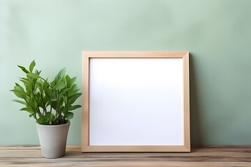 Blank picture frame with green plant in pot on wooden table.