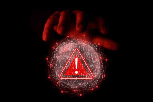 Hand touching globe icon warning abnormality due to hacker attack. Cyber ​​Anomaly Notice. Maintenance concept of hacker attack and hacking, cyber attack, cyber security.