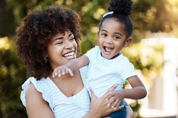 Happy, love and mother with child in nature at an outdoor park playing, bonding and having fun. Smile, excited and young mom carrying her girl kid or toddler walking in a green garden in Mexico.